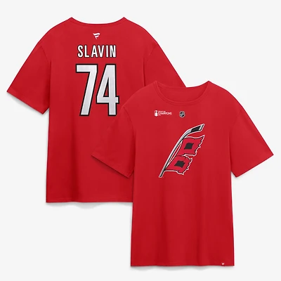 Men's Fanatics Jaccob Slavin Red Carolina Hurricanes 2026 Stanley Cup Champions Authentic Stack Name & Number T-Shirt