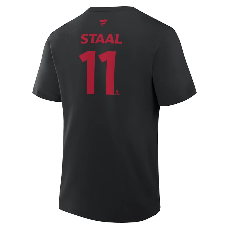 T-shirt authentique Fanatics Jordan Staal noir Carolina Hurricanes, champions de la Coupe Stanley 2026, avec nom et numéro joueur professionnel.