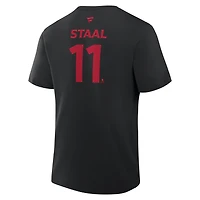 T-shirt authentique Fanatics Jordan Staal noir Carolina Hurricanes, champions de la Coupe Stanley 2026, avec nom et numéro joueur professionnel.