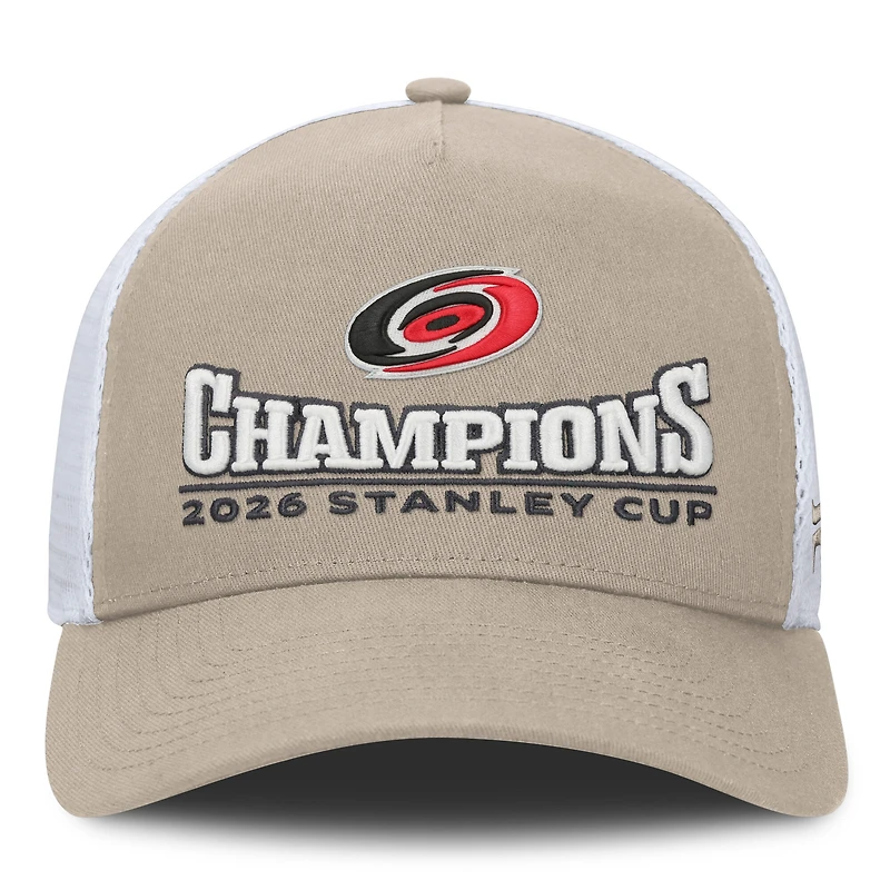 Men's Fanatics  Light Beige/White Carolina Hurricanes 2026 Stanley Cup Champions A-Frame Trucker Adjustable Hat