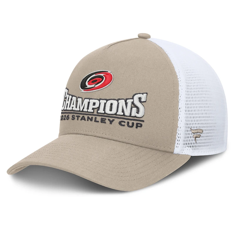 Casquette trucker ajustable Fanatics beige clair/blanche Carolina Hurricanes, champions de la Coupe Stanley 2026
