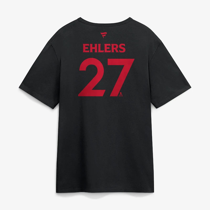 T-shirt authentique Fanatics pour homme Nikolaj Ehlers, noir, Carolina Hurricanes, champions de la Coupe Stanley 2026, avec nom et numéro joueur professionnel.