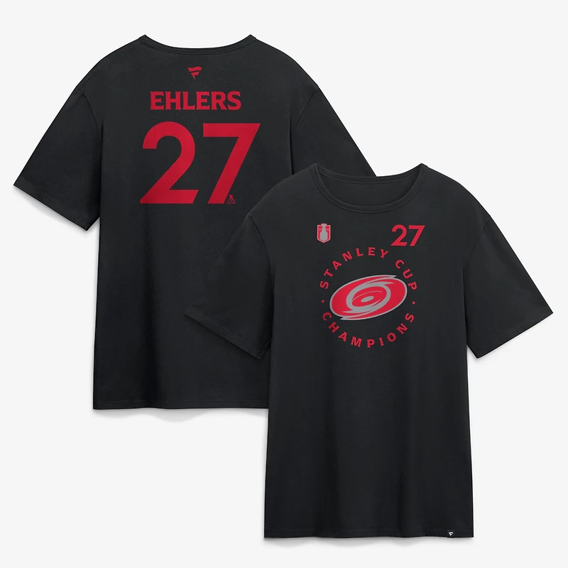Men's Fanatics Nikolaj Ehlers Black Carolina Hurricanes 2026 Stanley Cup Champions Authentic Pro Name & Number T-Shirt