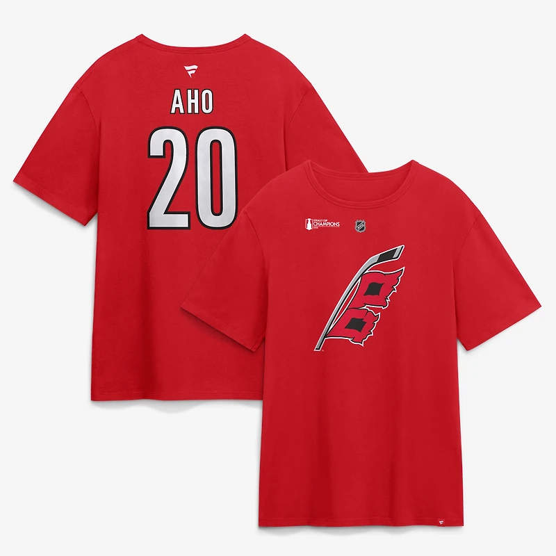 T-shirt authentique Fanatics Sebastian Aho, Hurricanes de la Caroline, champions Coupe Stanley 2026, avec nom et numéro superposés