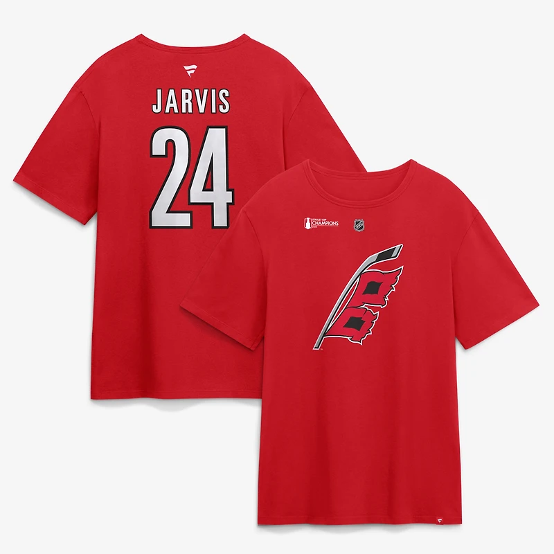Men's Fanatics Seth Jarvis Red Carolina Hurricanes 2026 Stanley Cup Champions Authentic Stack Name & Number T-Shirt