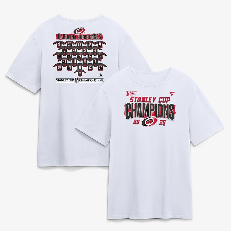 T-shirt Fanatics blanc pour homme, effectif des Hurricanes de la Caroline, champions Coupe Stanley 2026