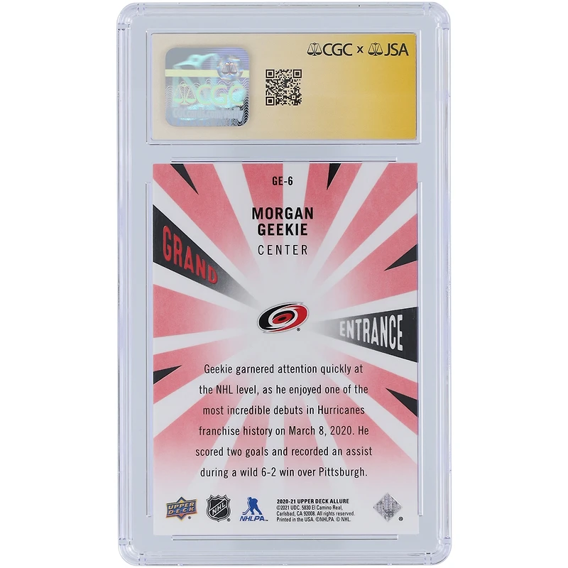Carte de recrue autographiée 2020-21 Upper Deck Allure Grand Entrance Red #GE-6 des Hurricanes de la Caroline de Morgan Geekie, carte de recrue Auto 10 authentifiée et témoin des fanatiques de CGC