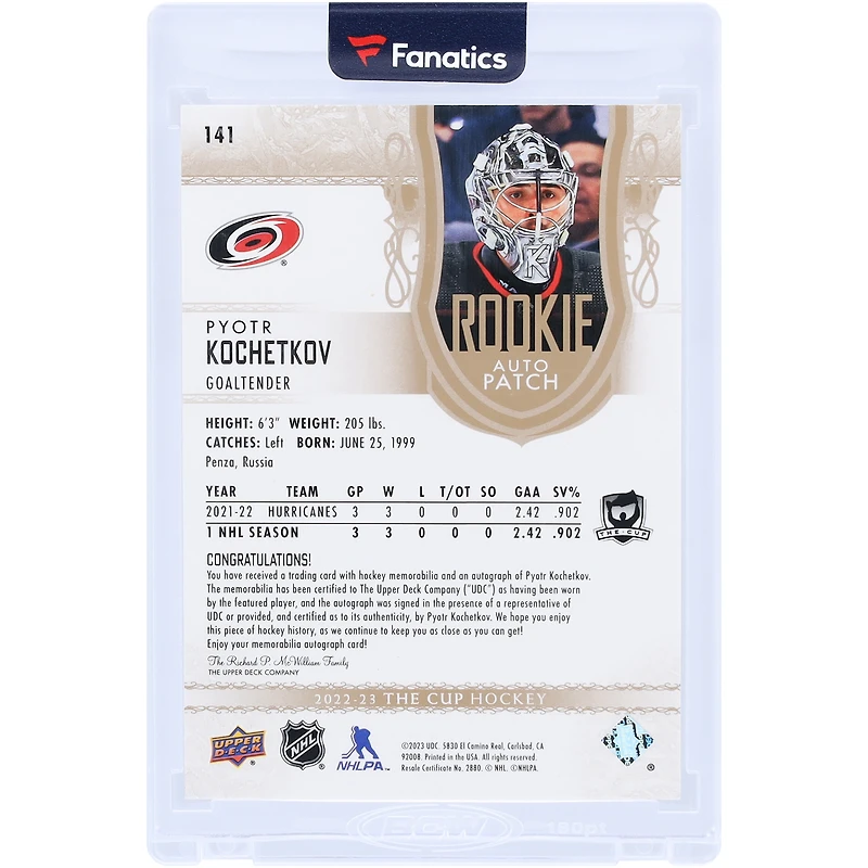 Pyotr Kochetkov Carolina Hurricanes Autographed 2022-23 Upper Deck The Cup Gold Rookie Autograph Patch 3 Color Relic #141 #17/24 Rookie Card