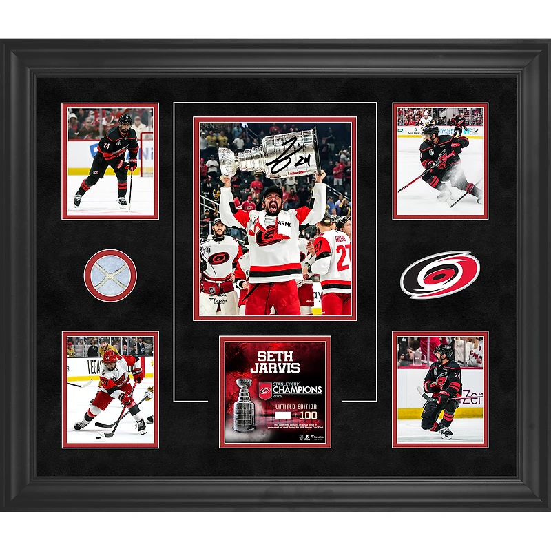 Seth Jarvis Carolina Hurricanes Autographed 2026 Stanley Cup Champions Framed 20" x 24" Collage with a Piece of Game-Used Net from the 2026 Stanley Cup Final - Limited Edition of 100
