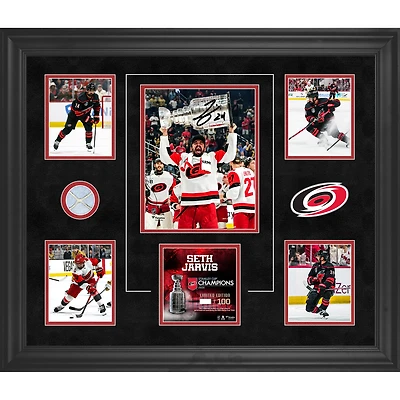 Seth Jarvis Carolina Hurricanes Autographed 2026 Stanley Cup Champions Framed 20" x 24" Collage with a Piece of Game-Used Net from the 2026 Stanley Cup Final - Limited Edition of 100