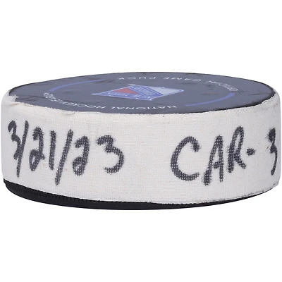 Teuvo Teravainen Carolina Hurricanes Game-Used Goal Puck from March 21, 2023 vs. New York Rangers