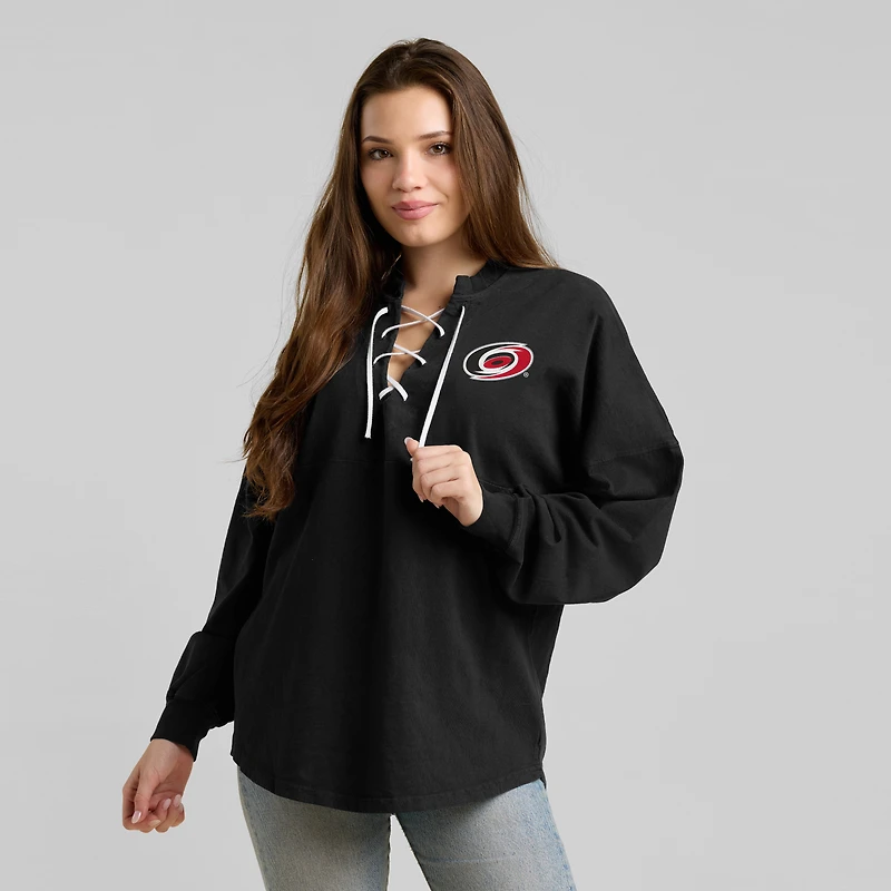 T-shirt à manches longues Fanatics Black Carolina Hurricanes, champions de la Coupe Stanley 2026, lacets, pour femmes