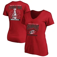 T-shirt à col en V Fanatics rouge pour femmes, Carolina Hurricanes, champions de la Coupe Stanley 2026, grandes tailles, avec logo signature