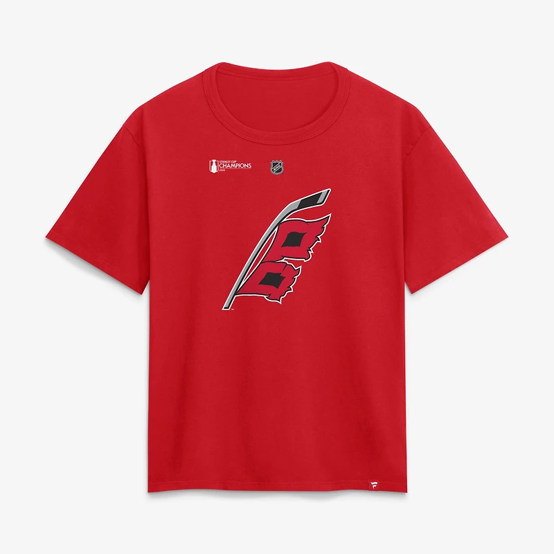 T-shirt authentique Fanatics pour femmes, Sebastian Aho, des Hurricanes de la Caroline, champions Coupe Stanley 2026. Nom et numéro superposés.