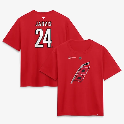 Women's Fanatics Seth Jarvis Red Carolina Hurricanes 2026 Stanley Cup Champions Authentic Stack Name & Number T-Shirt