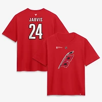 Women's Fanatics Seth Jarvis Red Carolina Hurricanes 2026 Stanley Cup Champions Authentic Stack Name & Number T-Shirt