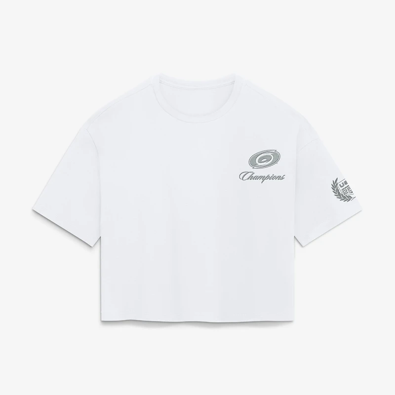 Haut court blanc Fanatics pour femmes, Carolina Hurricanes, champions de la Coupe Stanley 2026, USA 250