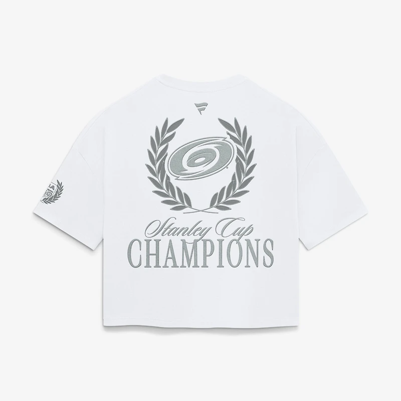 Haut court blanc Fanatics pour femmes, Carolina Hurricanes, champions de la Coupe Stanley 2026, USA 250