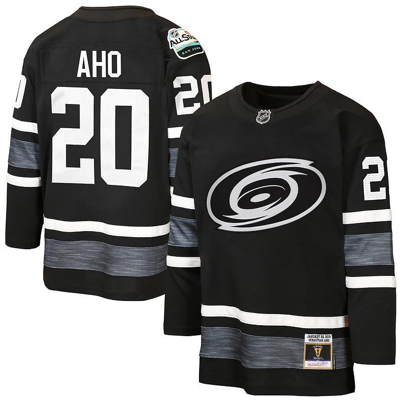 Maillot de puissance Mitchell & Ness pour enfant Sebastian Aho, noir, des Hurricanes la Caroline, match étoiles 2019