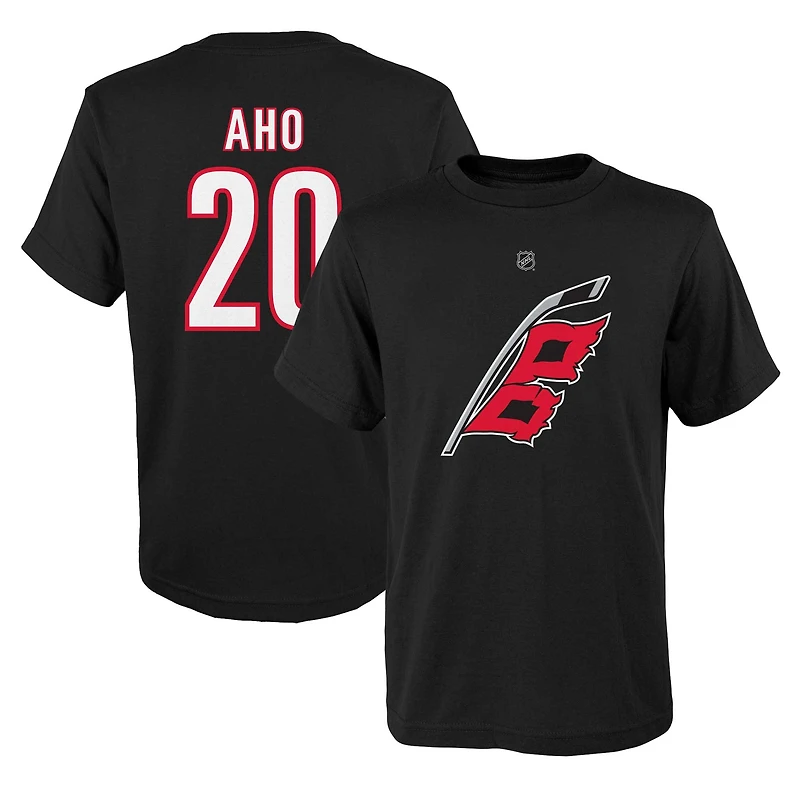 T-shirt avec nom et numéro de joueur des Hurricanes la Caroline noirs Sebastian Aho pour jeunes