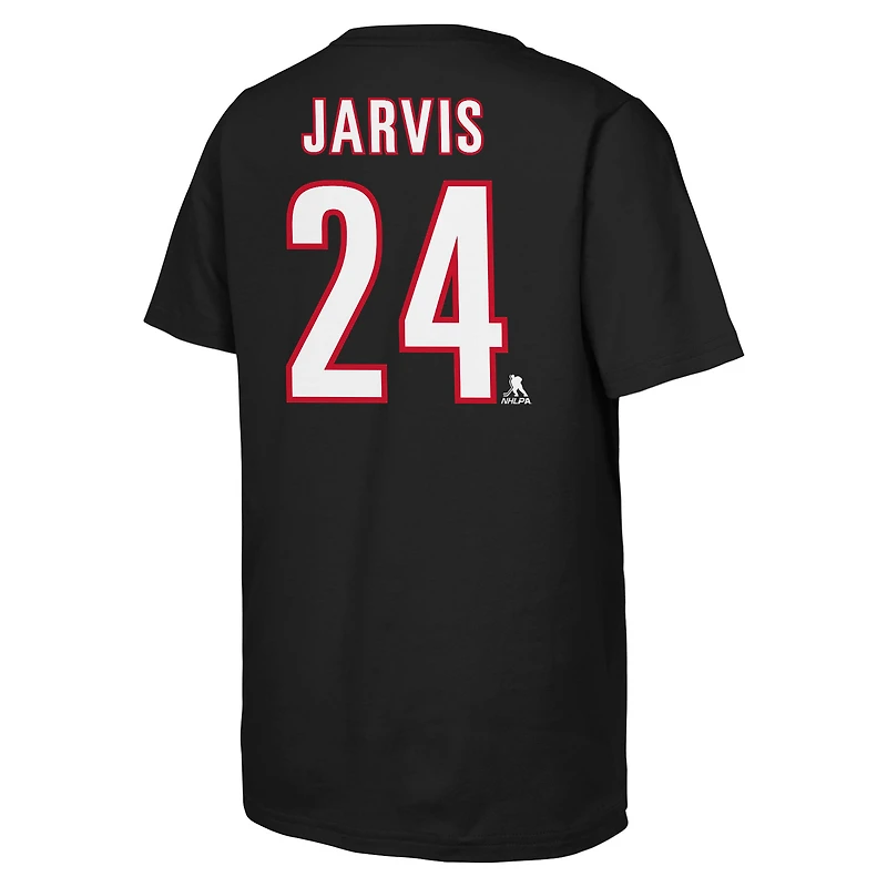 T-shirt noir pour enfant Seth Jarvis, joueur des Hurricanes de la Caroline, avec son nom et numéro