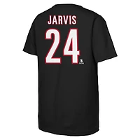 T-shirt noir pour enfant Seth Jarvis, joueur des Hurricanes de la Caroline, avec son nom et numéro