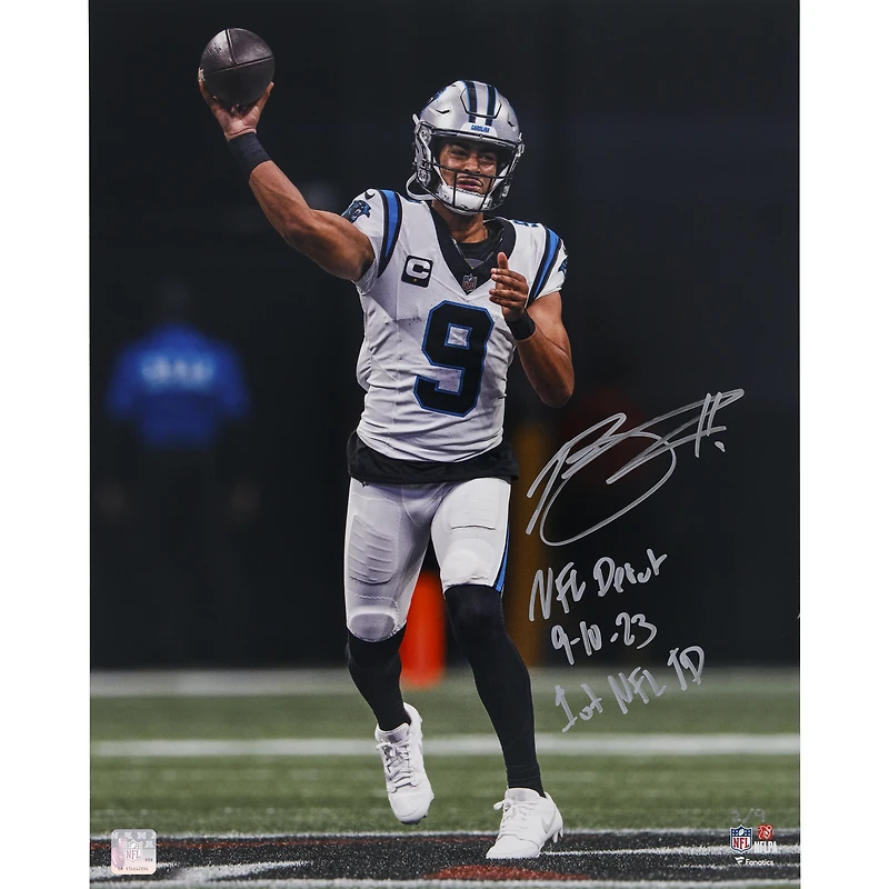Bryce Young Carolina Panthers Autographed 16" x 20" Debut Photograph with "NFL Debut 9-10-23" and "1st NFL TD" Inscriptions - Limited Edition of 9