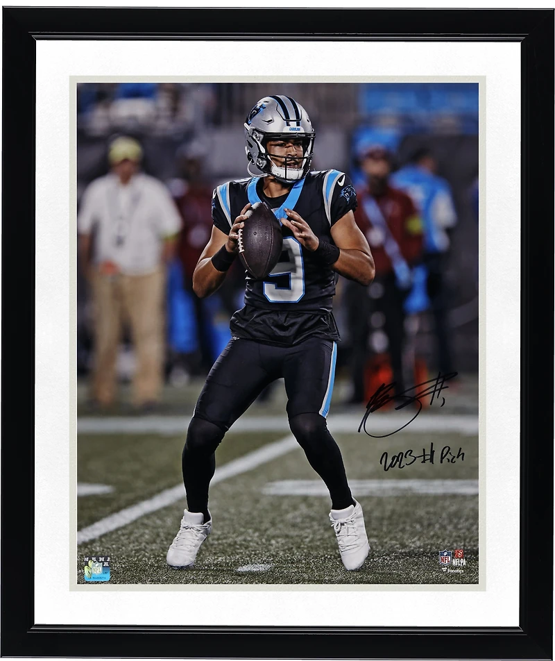 Bryce Young Carolina Panthers Autographed 16" x 20" Vertical Passing in Black Jersey Photograph with "2023 #1 Pick" Inscription