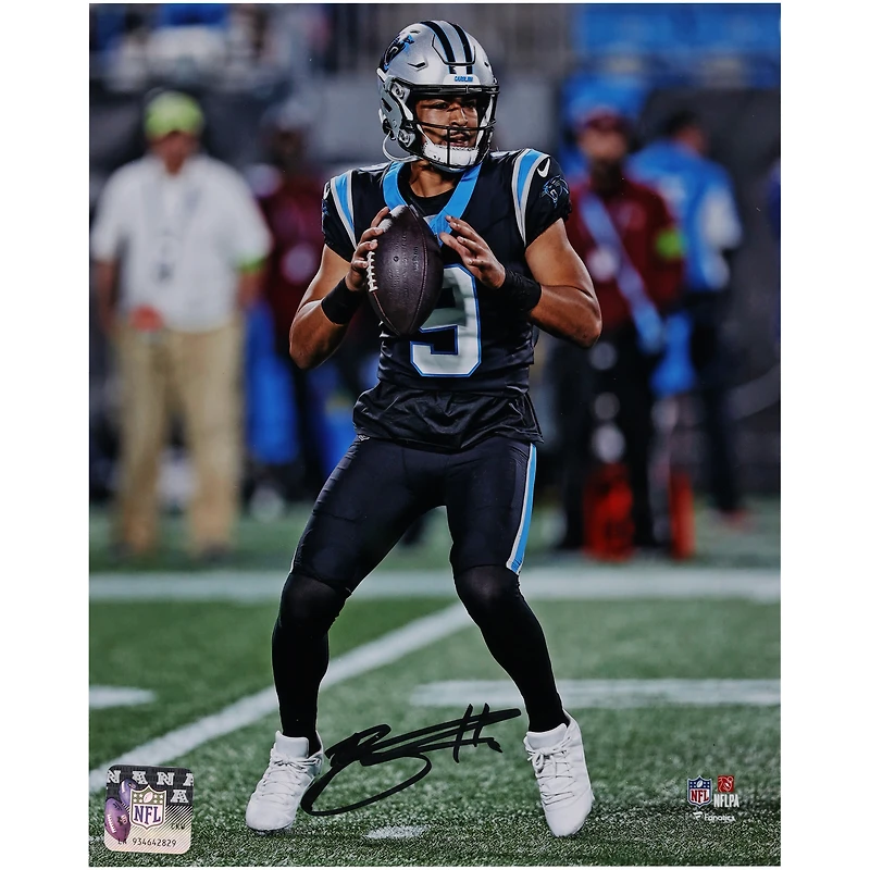 Bryce Young Carolina Panthers Autographed 8" x 10" Vertical Passing in Black Jersey Photograph