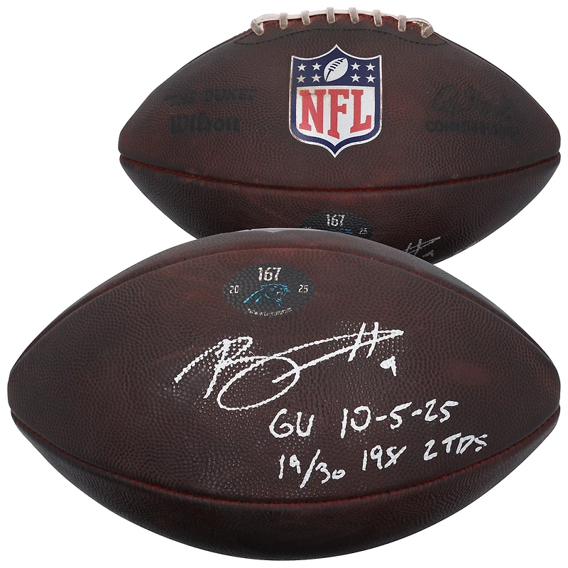 Bryce Young Carolina Panthers Autographed Game-Used Football vs. Miami Dolphins on October 5, 2025 with Multiple Inscriptions - #167