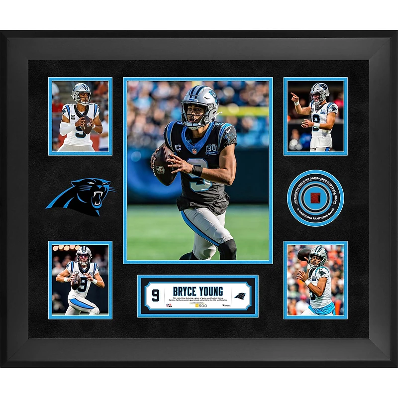 Collage encadré de 5 photos de Bryce Young (Carolina Panthers) 20" x 24" avec un morceau de ballon de football utilisé lors d'un match - Édition limitée à 500 exemplaires