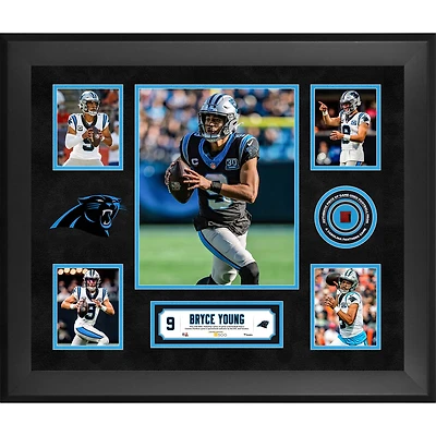 Collage encadré de 5 photos de Bryce Young (Carolina Panthers) 20" x 24" avec un morceau de ballon de football utilisé lors d'un match - Édition limitée à 500 exemplaires