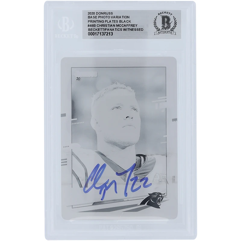 Christian McCaffrey Carolina Panthers Autographed 2020 Panini Donruss Black Printing Plate Photo Variation #48 #1/1 Beckett Fanatics Witnessed Authenticated Card 