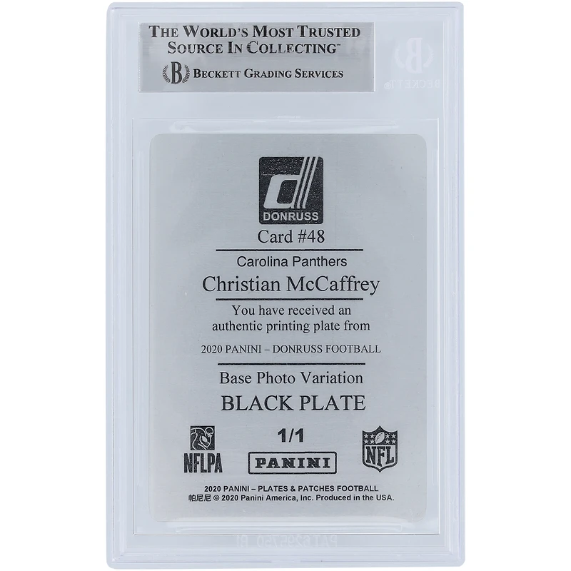 Christian McCaffrey Carolina Panthers Autographed 2020 Panini Donruss Black Printing Plate Photo Variation #48 #1/1 Beckett Fanatics Witnessed Authenticated Card 