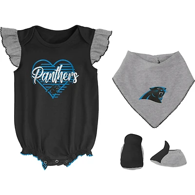 Ensemble body, bavoir et chaussons Carolina Panthers All The Love pour nouveau-né bébé fille, noir/gris chiné