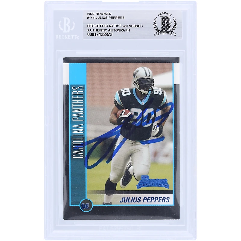 Julius Peppers Carolina Panthers Autographed 2002 Bowman #144 Beckett Fanatics Witnessed Authenticated Rookie Card