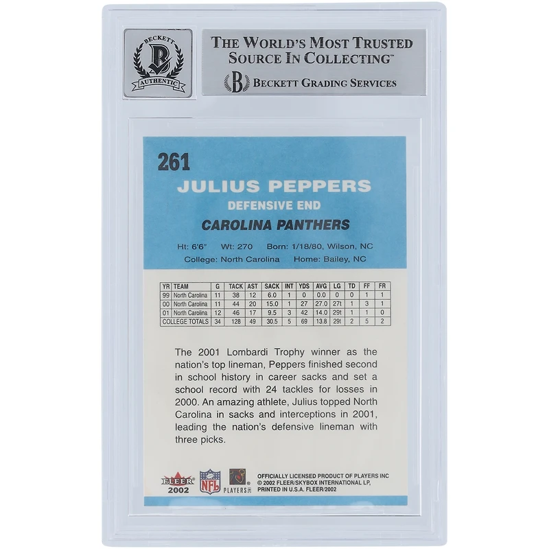 Julius Peppers Carolina Panthers Autographed 2002 Fleer Tradition #261 Beckett Fanatics Witnessed Authenticated 9/10 Rookie Card