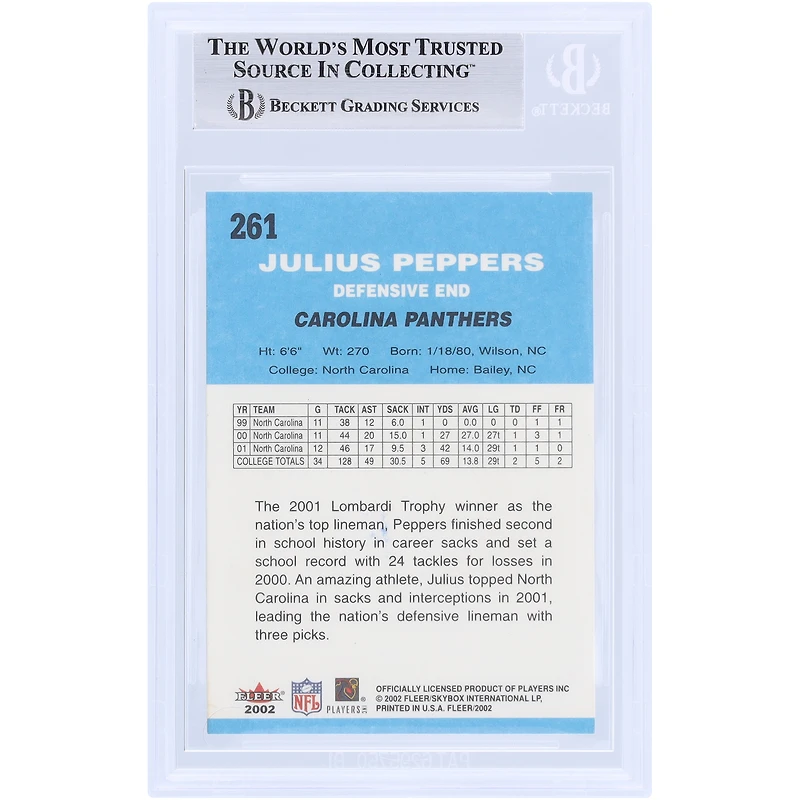 Julius Peppers Carolina Panthers Autographed 2002 Fleer Tradition #261 Beckett Fanatics Witnessed Authenticated Rookie Card