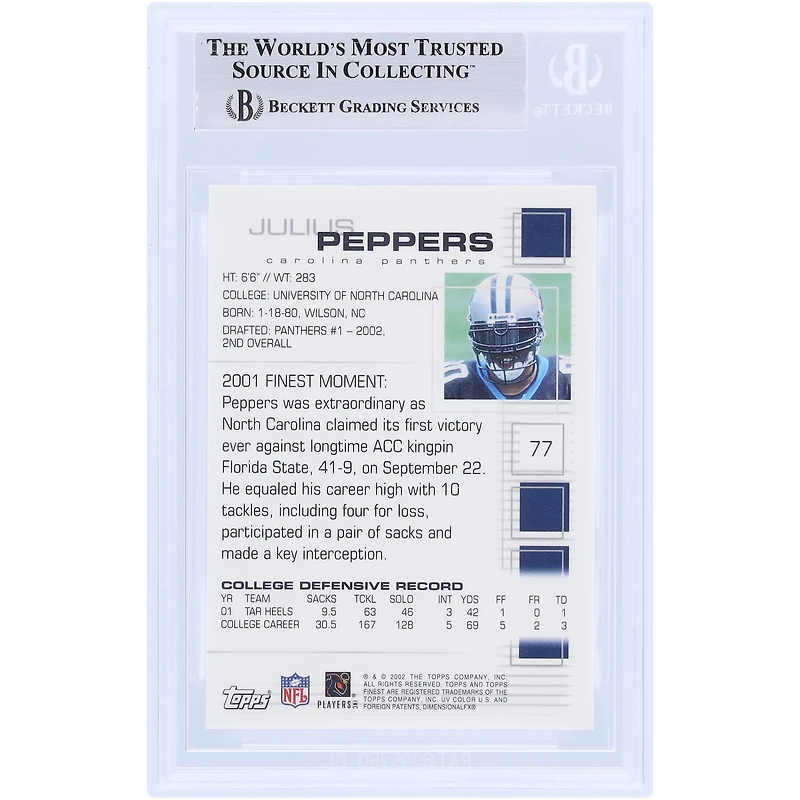 Julius Peppers Carolina Panthers Autographed 2002 Topps Finest #77 Beckett Fanatics Witnessed Authenticated Rookie Card