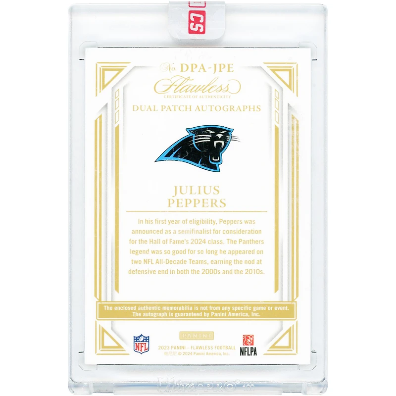 Julius Peppers Carolina Panthers Autographed 2023 Panini Flawless Dual Two-Color Relics #DPA-JPE #11/20 Card