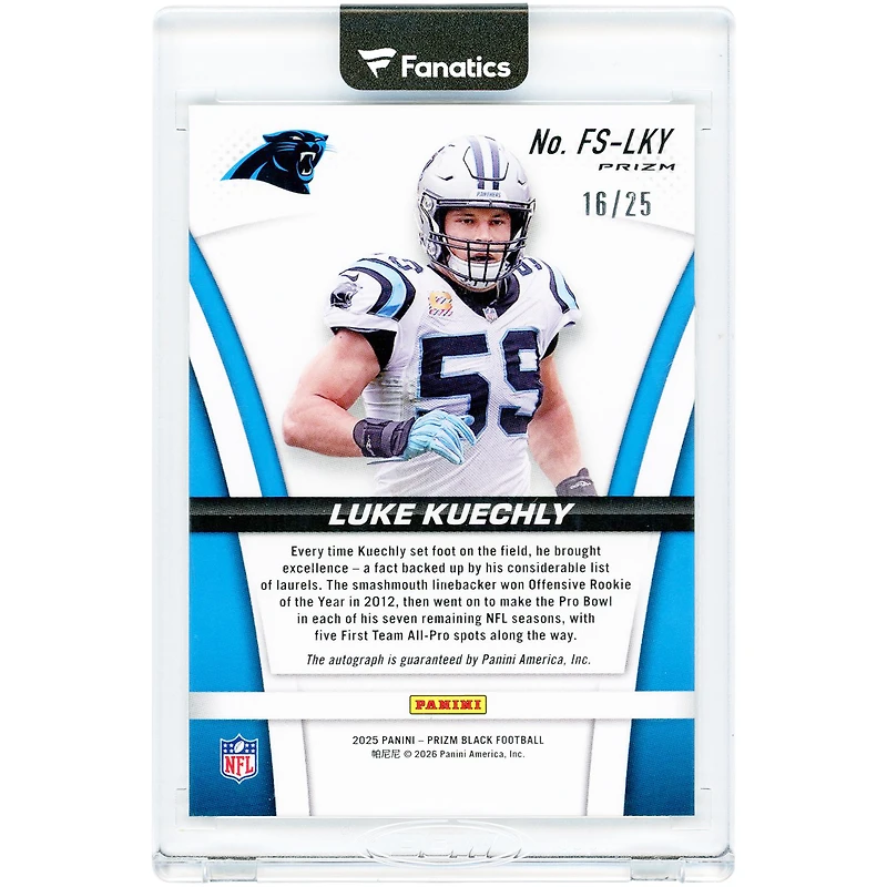 Luke Kuechly Carolina Panthers Autographed 2025 Panini Prizm Black Mojo Prizm Flashback Signatures #FS-LKY #16/25 Card