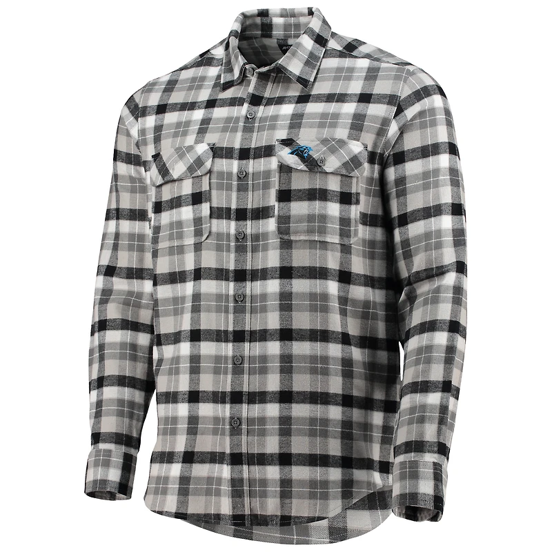 Men's Antigua Black/Gray Carolina Panthers Ease Flannel Long Sleeve Button-Up Shirt