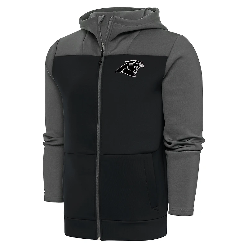 Men's Antigua Steel/Charcoal Carolina Panthers Metallic Logo Protect Full-Zip Hoodie