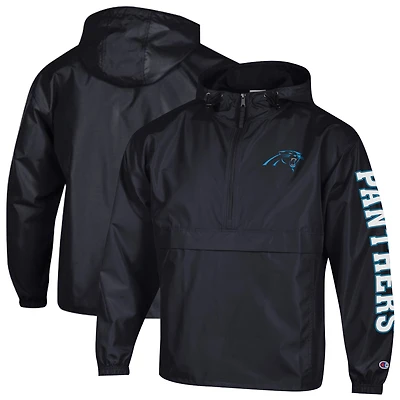 Men's Champion Black Carolina Panthers Packable Hooded Windbreaker Half-Zip Jacket