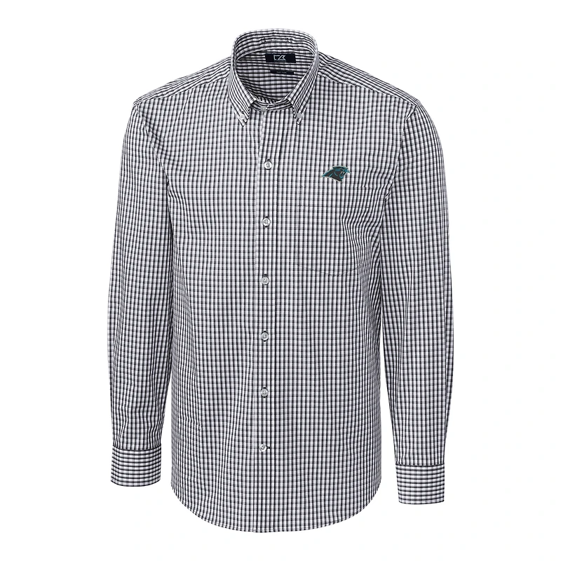 Chemise boutonnée extensible à manches longues et carreaux vichy pour homme, couleur anthracite, style grande taille, des Carolina Panthers, Cutter & Buck