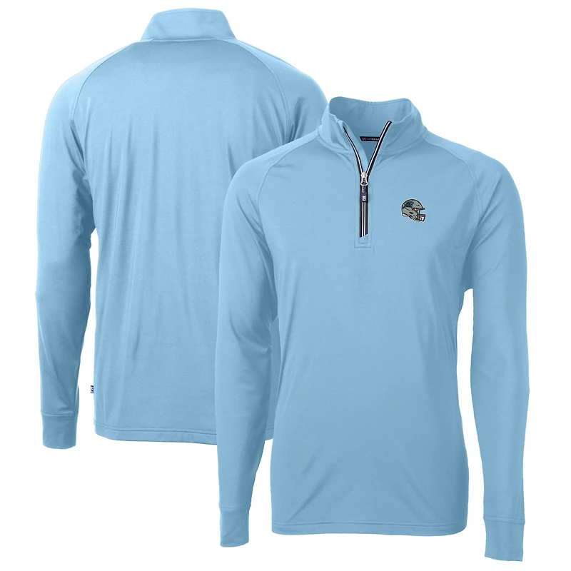 Pull-over bleu clair à fermeture éclair quart de tour pour homme, modèle Cutter & Buck, avec casque des Carolina Panthers, en tricot extensible et recyclé.