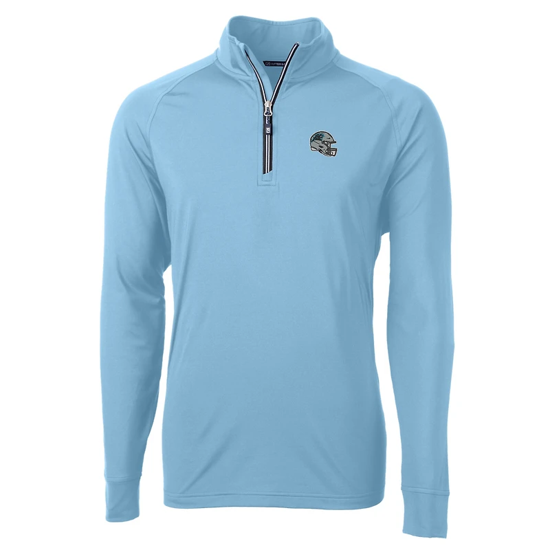 Pull-over bleu clair à fermeture éclair quart de tour pour homme, modèle Cutter & Buck, avec casque des Carolina Panthers, en tricot extensible et recyclé.