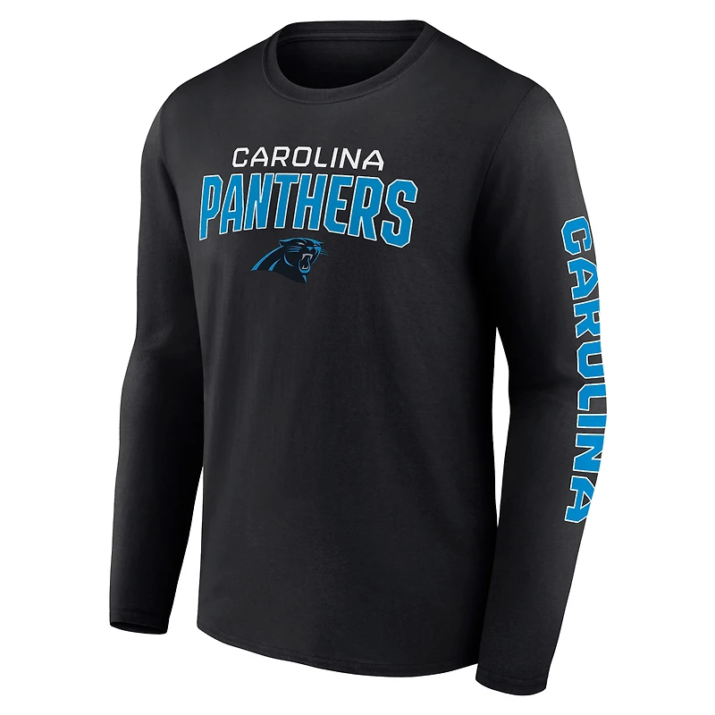 T-shirt à manches longues avec le mot-symbole des Panthers de la Caroline noirs Fanatics pour hommes Go the Distance