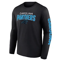 T-shirt à manches longues avec le mot-symbole des Panthers de la Caroline noirs Fanatics pour hommes Go the Distance