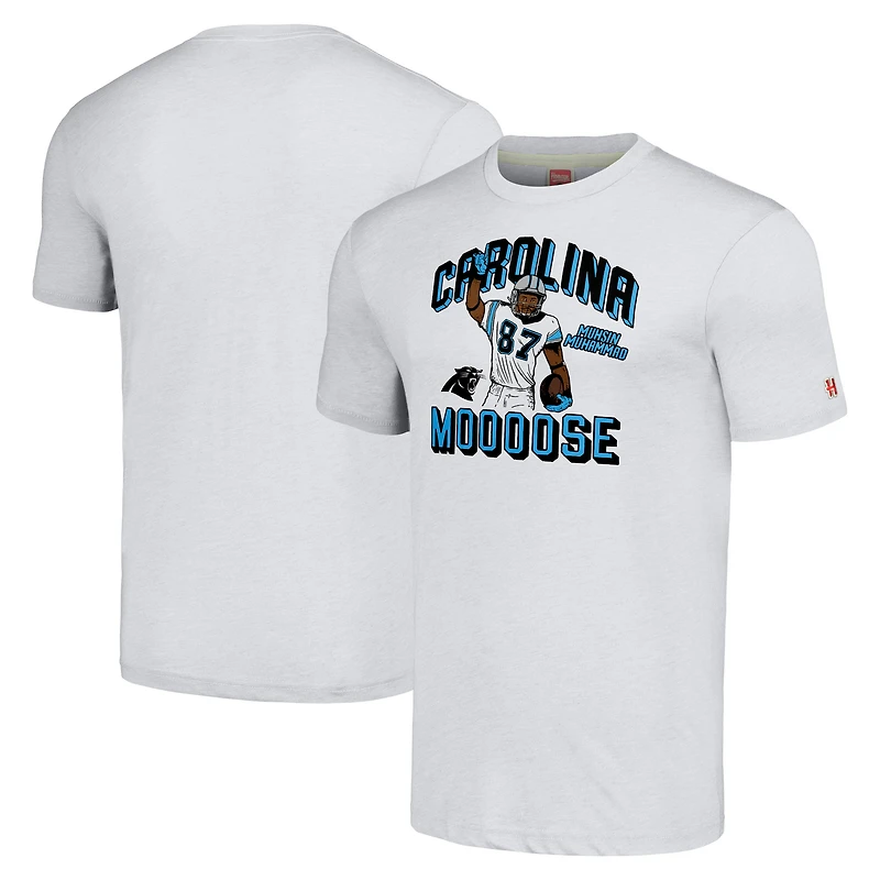 Men's Homage  Muhsin Muhammad Heathered Ash Carolina Panthers Caricature Retired Player Tri-Blend T-Shirt